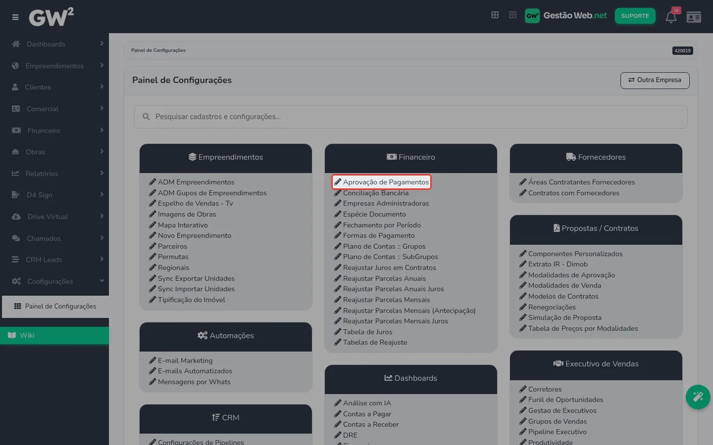 Painel de Configurações com o item Aprovação de Pagamentos destacado