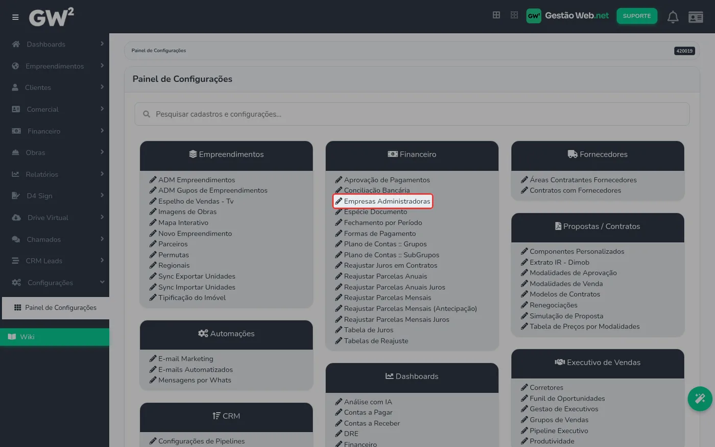 Painel de Configurações do Gestão WEB com o item Empresas Administradoras destacado