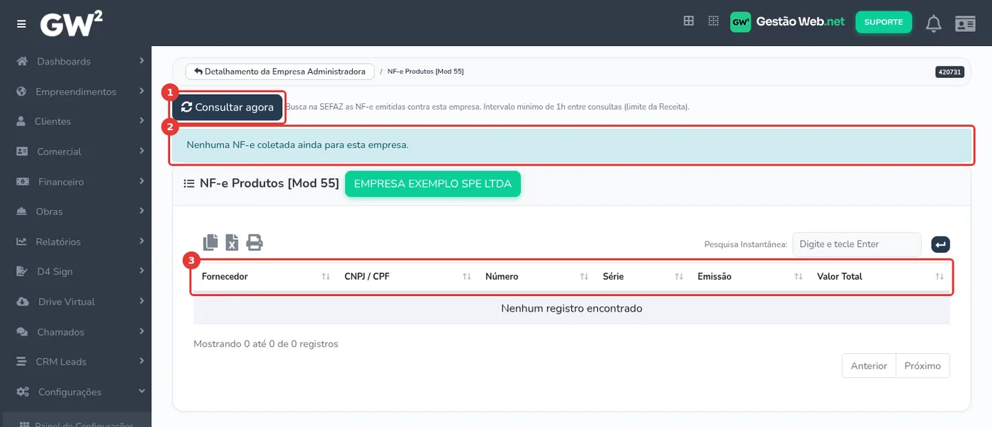 Tela de NF-e de Produtos no Gestão WEB, com o botão Consultar agora