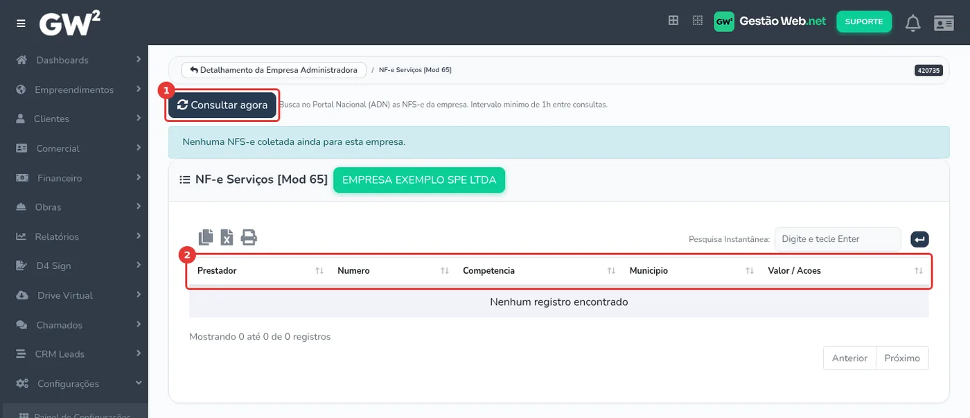 Tela de NF-e de Serviços no Gestão WEB, com o botão Consultar agora