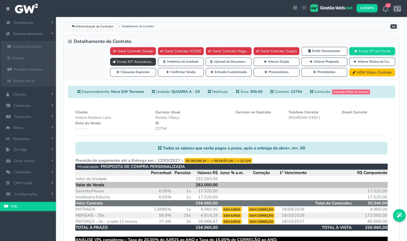 Tela de detalhamento de contrato no Gestão WEB, com plano financeiro, comissões e análise de VPL