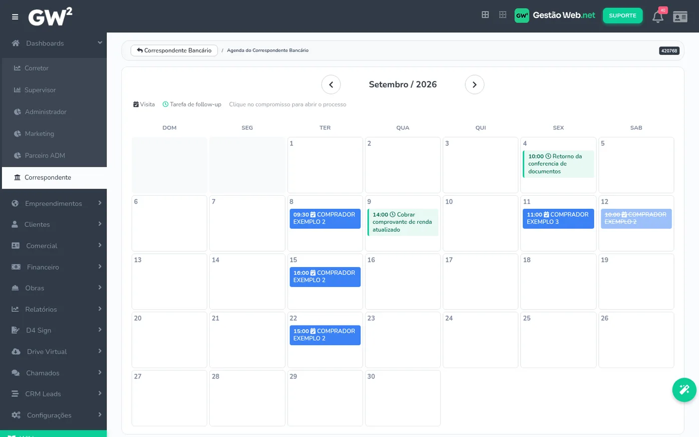 Agenda do correspondente bancário com visitas e tarefas no mês