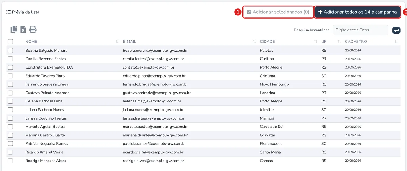 Prévia da lista de destinatários com os botões Adicionar selecionados e Adicionar todos