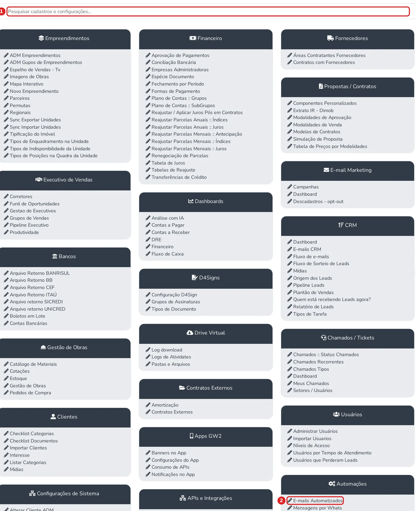 Painel de Configurações com o cartão de E-mails Automatizados