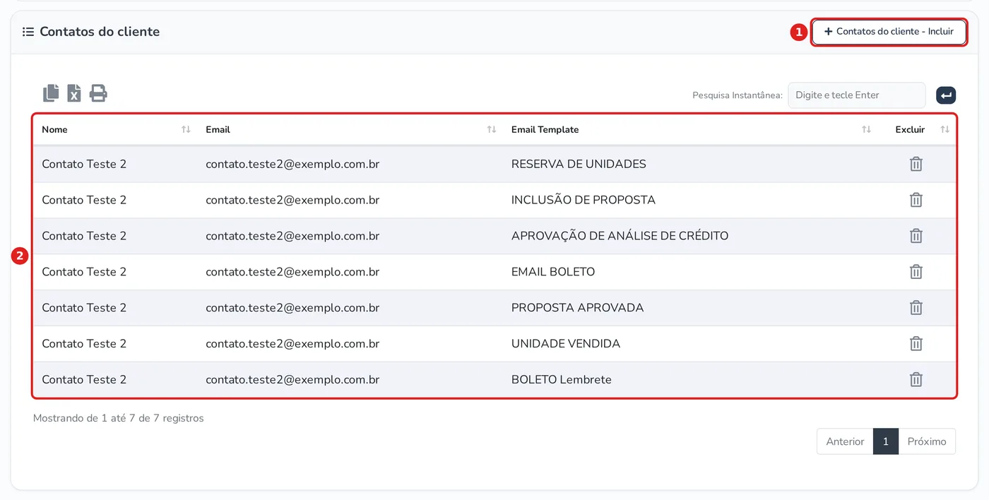 Listagem de contatos do cliente repetidos por modelo de e-mail