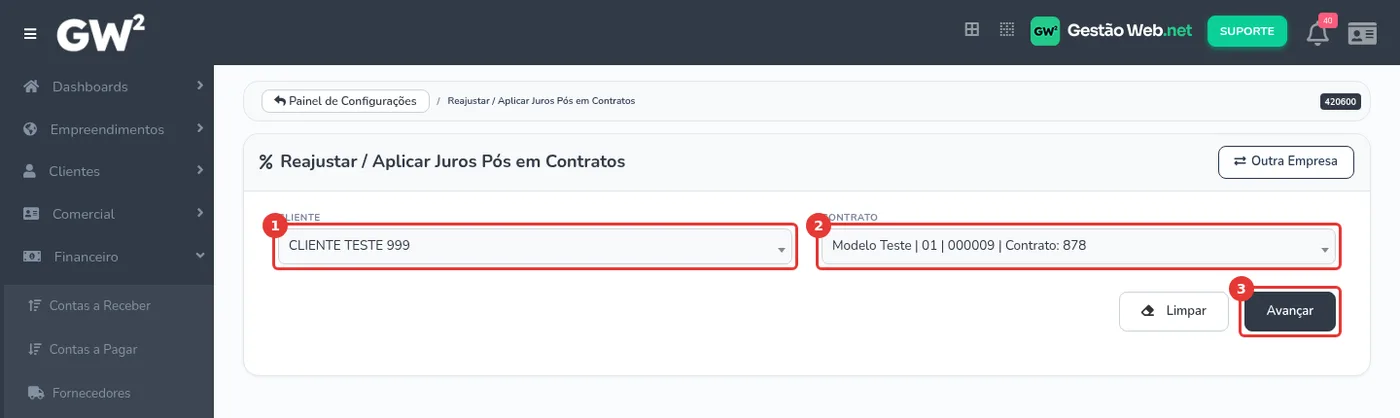 Seleção de cliente e contrato para aplicar juros pós-fixado