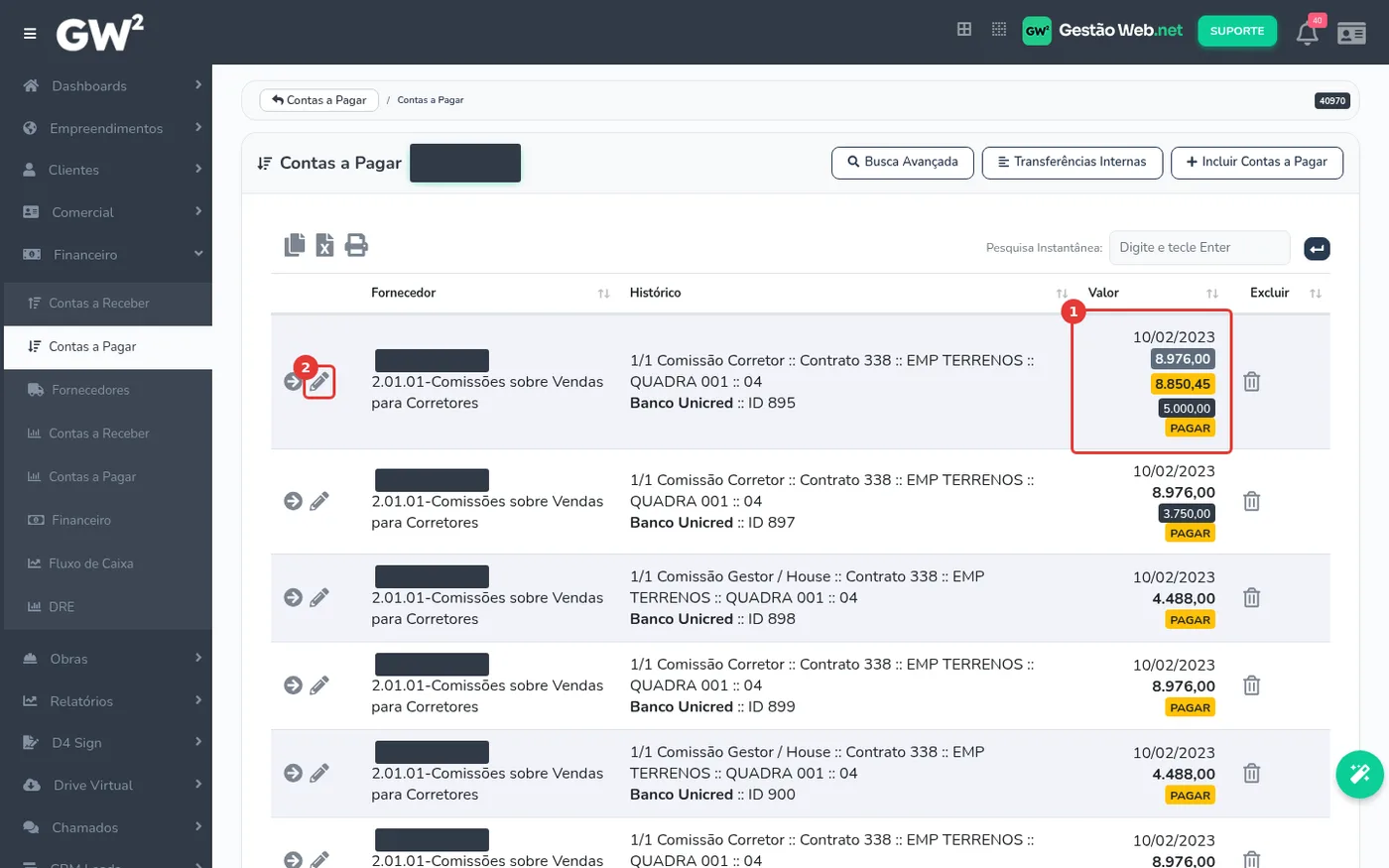 Listagem de Contas a Pagar no Gestão WEB, com o valor já pago de um título em destaque