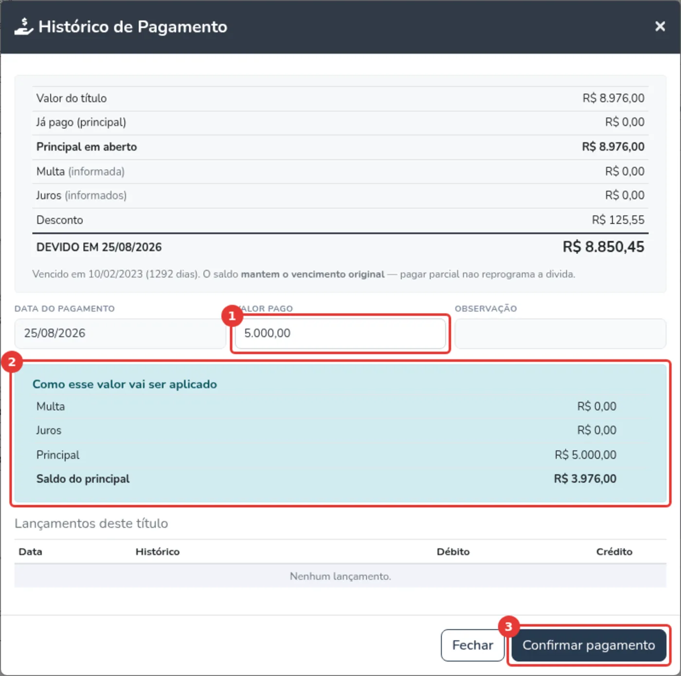 Modal de histórico de pagamento no Gestão WEB, mostrando a simulação de como o valor pago será aplicado