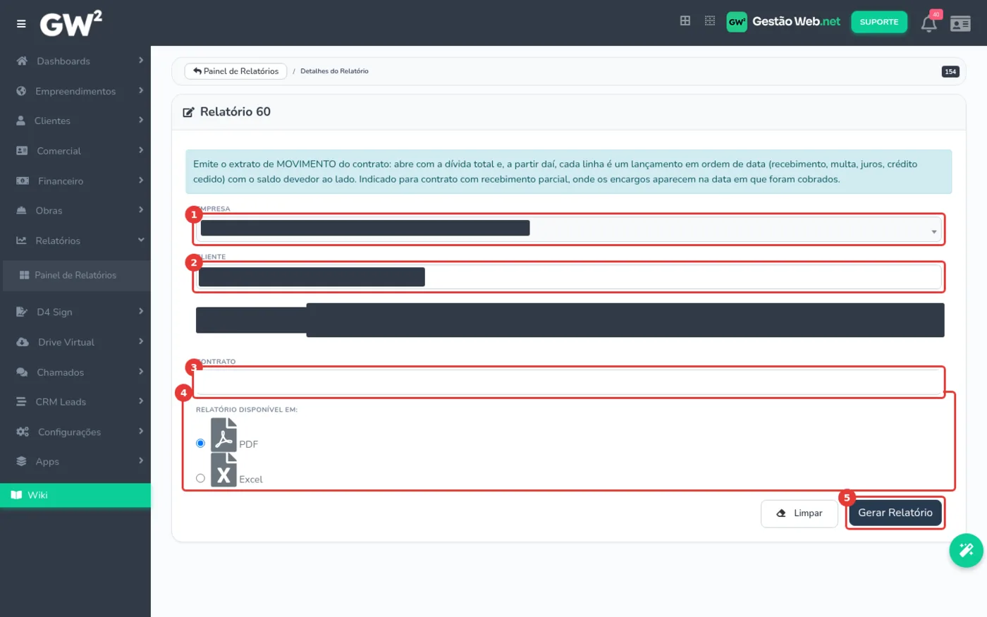 Tela de filtros do relatório 60, Razão de Contrato, no Gestão WEB, com empresa, cliente e contrato