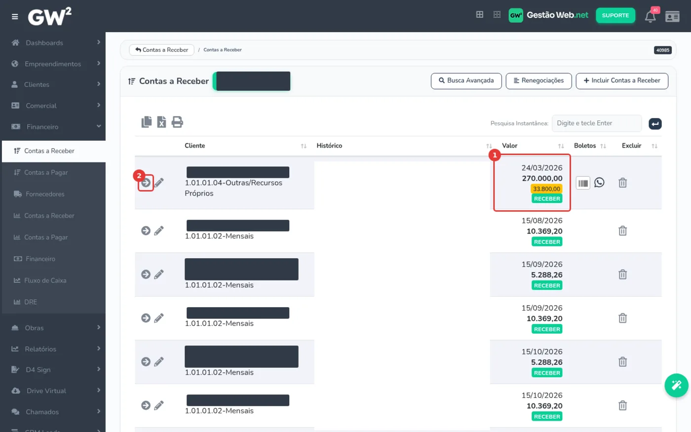 Listagem de Contas a Receber no Gestão WEB, com etiqueta amarela mostrando o valor já recebido de uma parcela