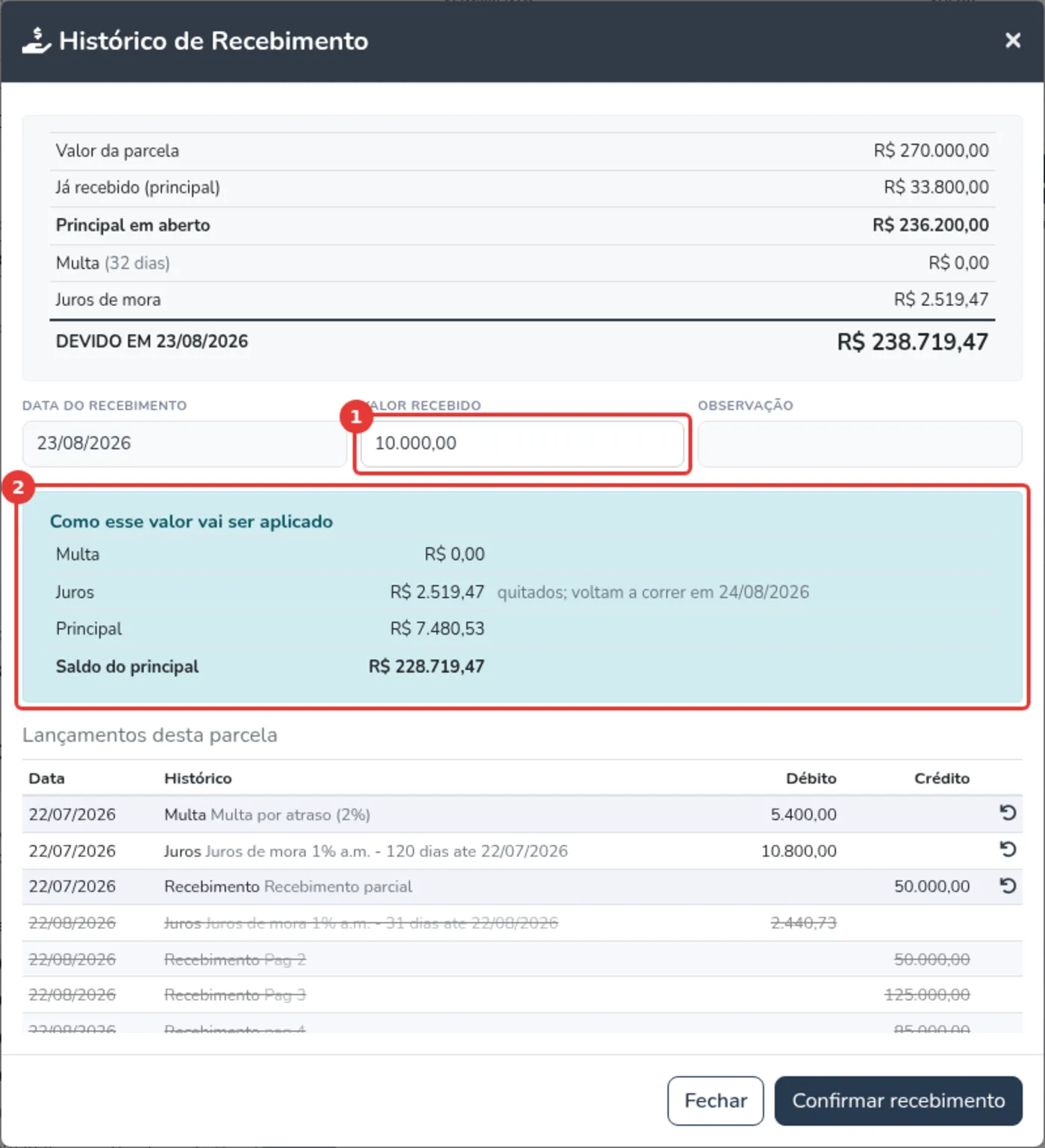 Modal de histórico de recebimento no Gestão WEB, mostrando a simulação de como o valor recebido será aplicado entre multa, juros e principal